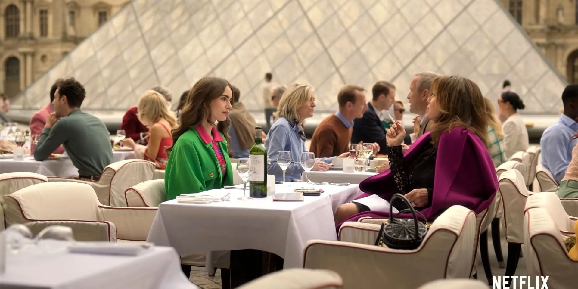 Emily In Paris&rsquo;s Lily-Colins and Philippine Leroy-Beaulieu having lunch in a season two scene