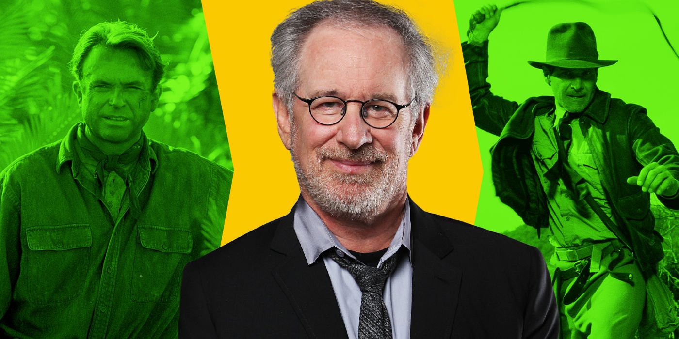 Blended image showing characters from Jurassic Park and Indiana Jones with Steven Spielberg in the middle.