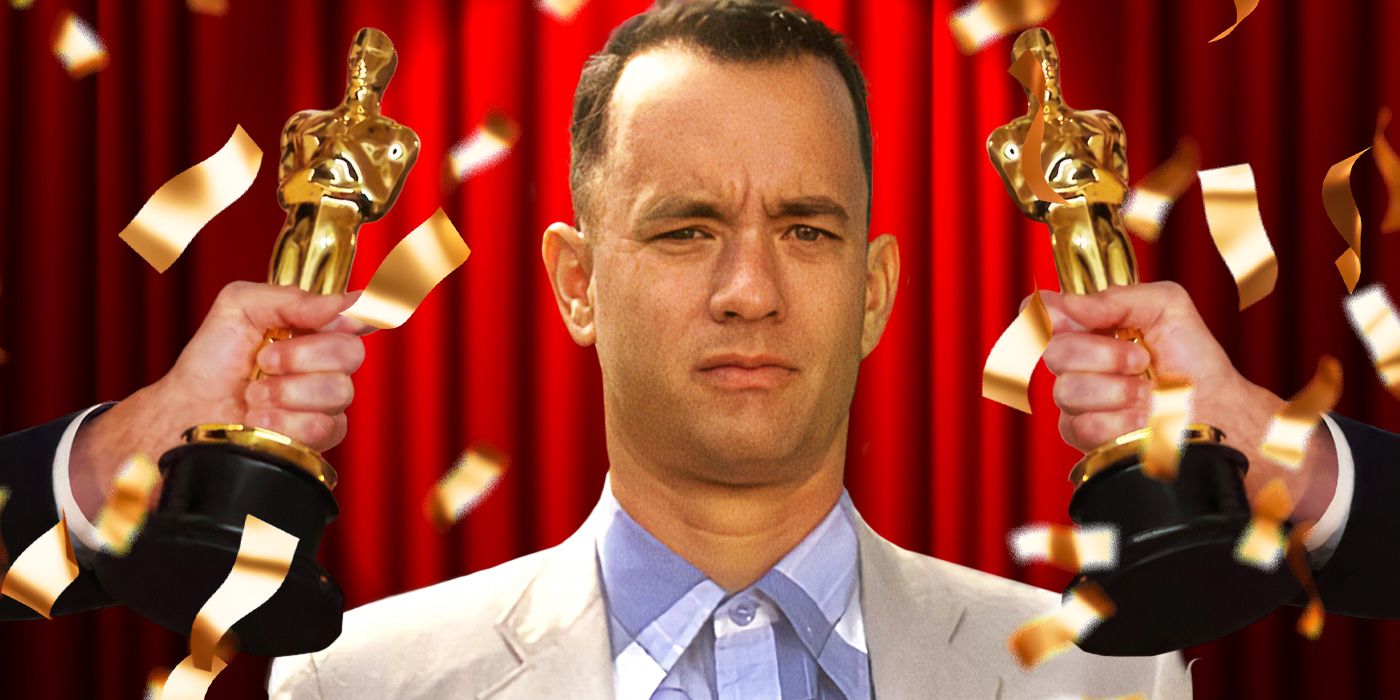 Blended image showing Tom Hanks surrounded by Oscars