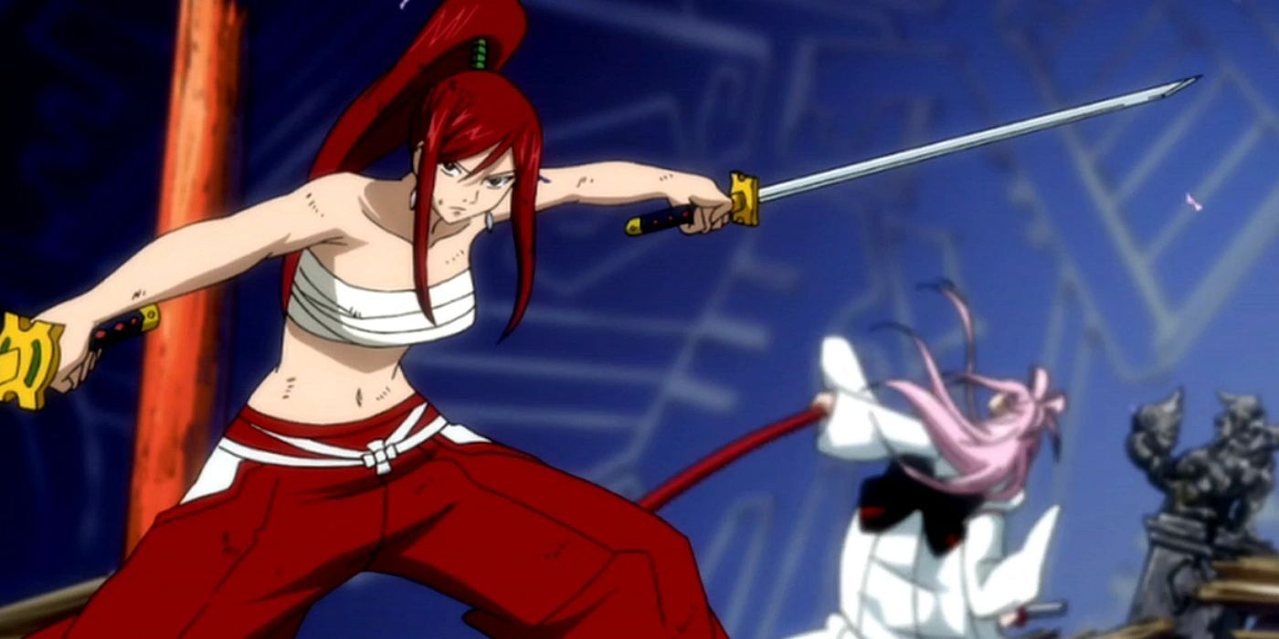 Erza cutting down someone in the background in Fairy Tail