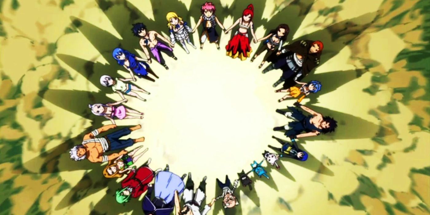 Guild holding hands in a circle from Fairy Tail