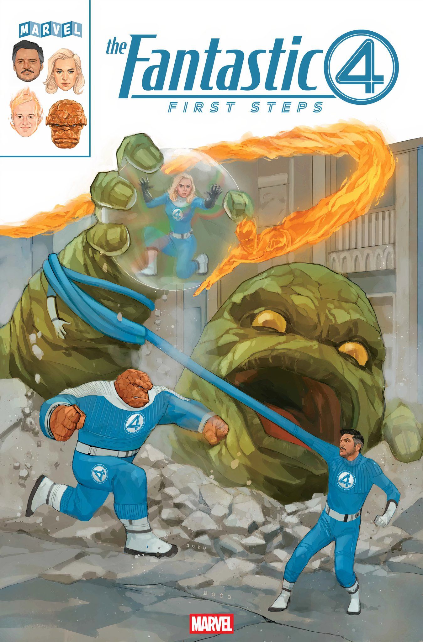 The Fantastic Four fighting a monster on the cover of the Fantastic Four: First Steps tie-in comic
