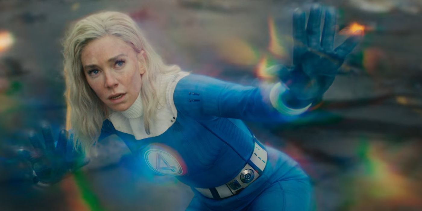 Vanessa Kirby as Sue Storm holding up a forcefield in The Fantastic Four: First Steps.