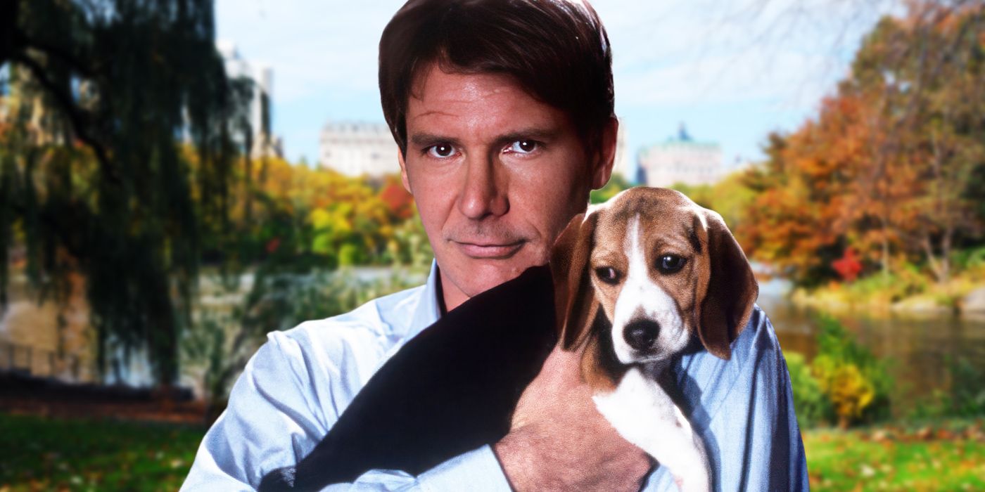Actor Harrison Ford as Henry, holding a small beagle dog and standing in front of a lake in a park in Regarding Henry.