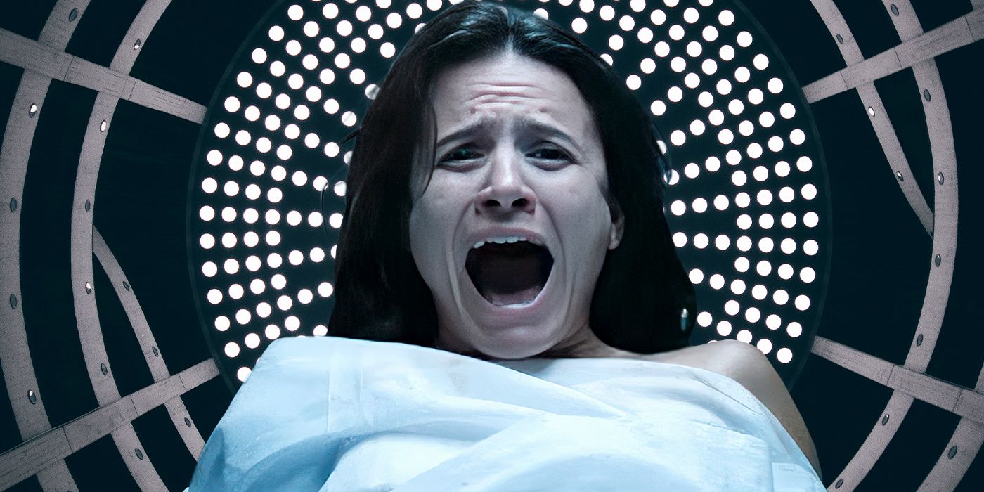 Lara, played by actor Bianca Comparato, screams as she is engulfed by a medical-looking machine in The Nightshifter.