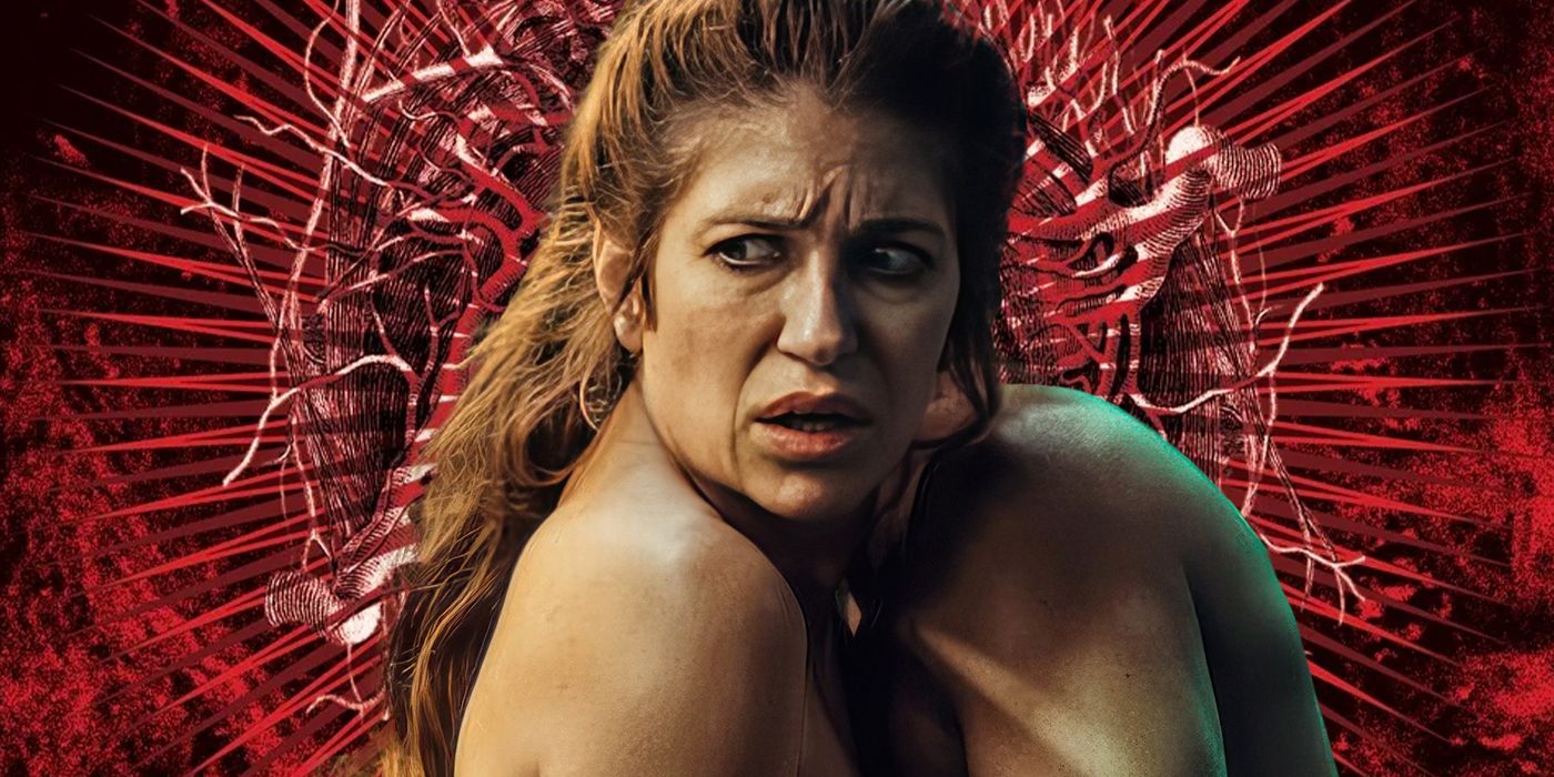 Sara, played by actor Marina Gatell, with her bare body pressed up against someone else&rsquo;s, while she looks disgustedly over her shoulder against a jagged red backdrop in Two.