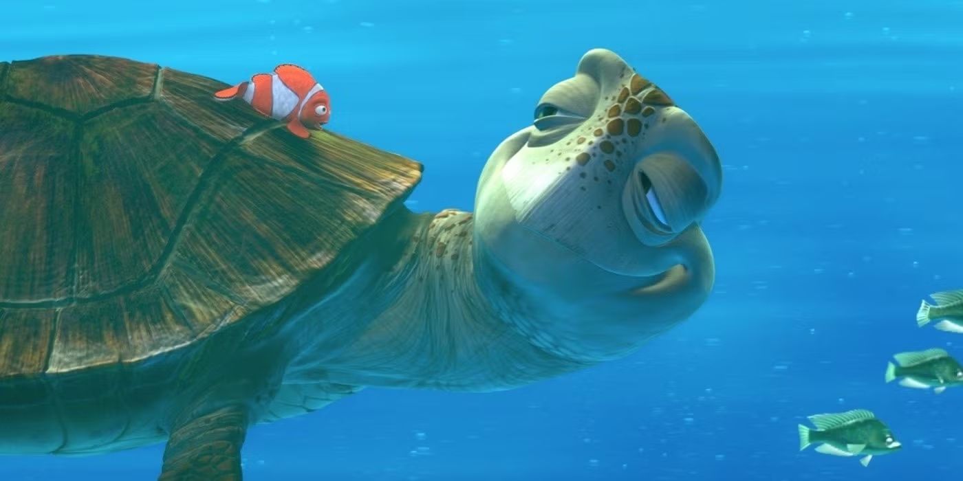 Crush, a seaturtle voiced by Andrew Stanton smiles at Marlin who is riding on his back in Finding Nemo.