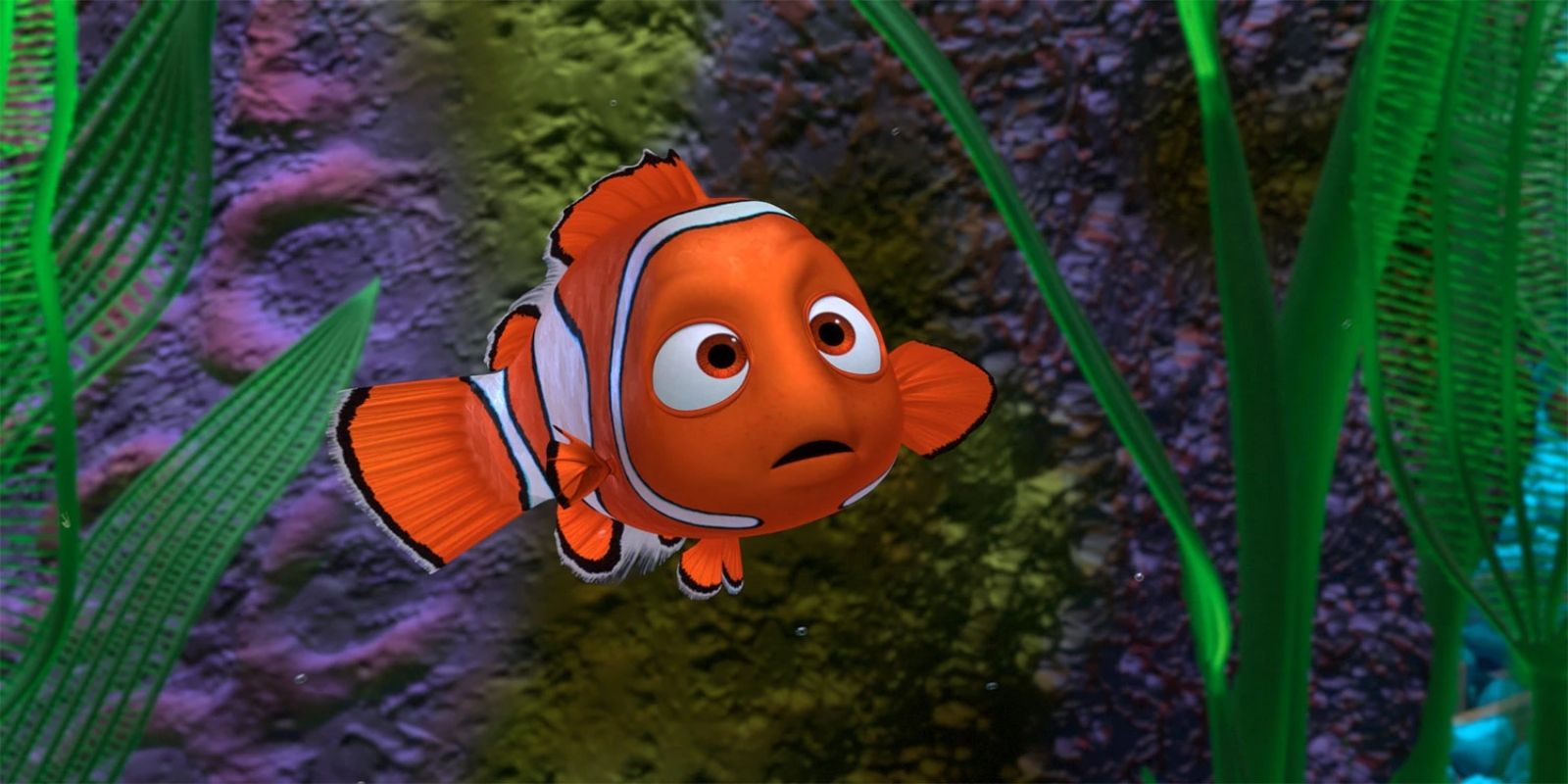 Nemo, um jovem peixe -palhaço dublado por Alexander Gould parece preocupado em um tanque de peixes em encontrar Nemo.