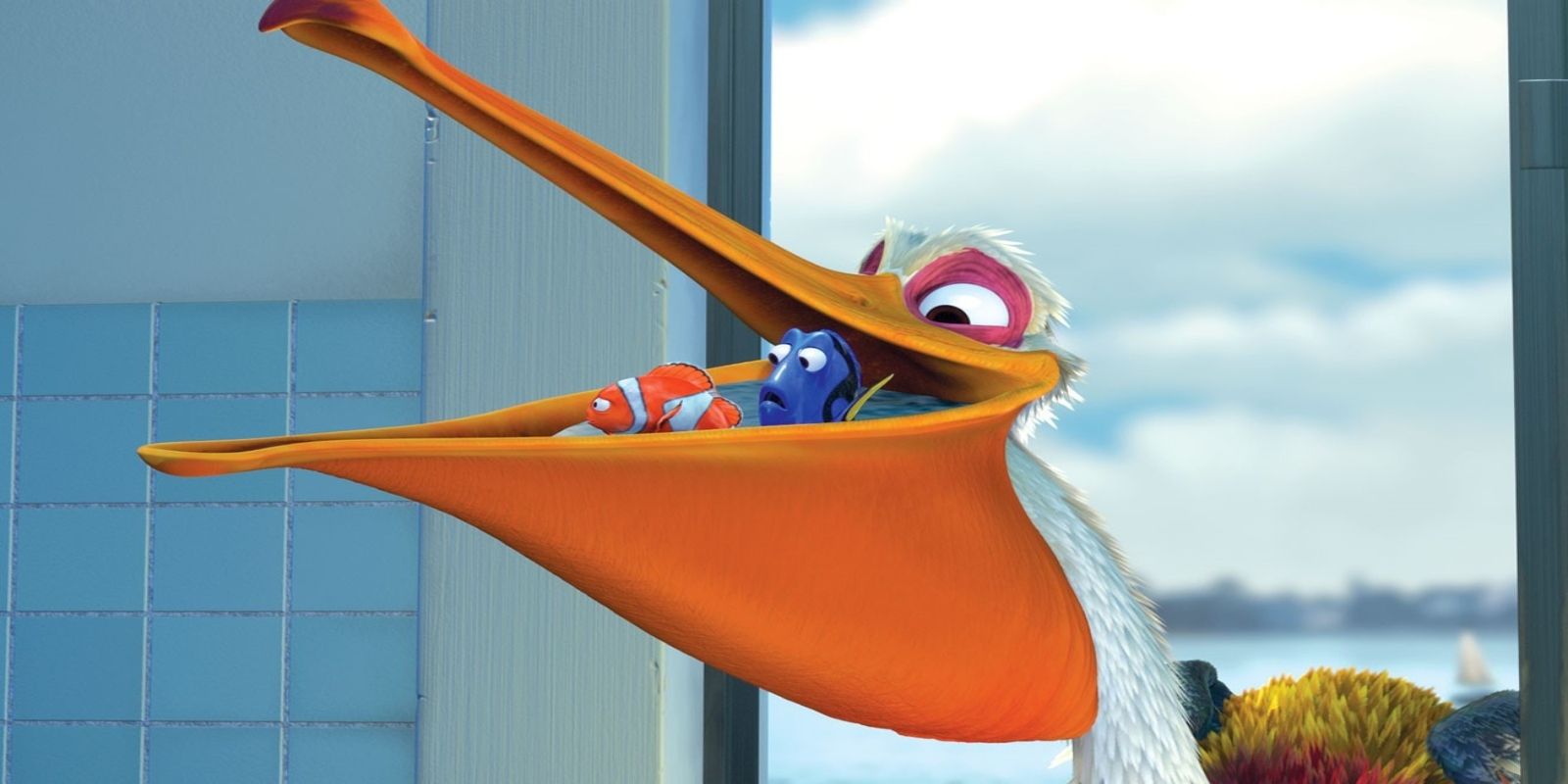 Nigel, a pelican voiced by Geoffrey Rush, carries Marlin and Dori in his throat pouch in Finding Nemo.