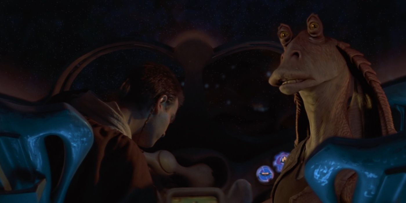 Ewan McGregor as Obi-Wan Kenobi with Jar Jar Binks in a submersible watercraft