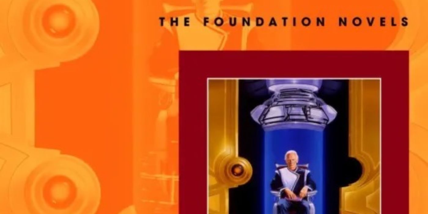A man in a futuristic outfit sits in a device on the cover of the book Foundation by Isaac Asimov.