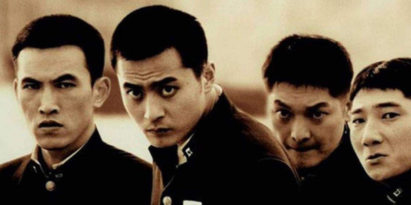 Yu Oh-seong as Joon-seok, Jang Dong-gun as Dong-su, Seo Tae-hwa as Sang-taek, and Jung Woon-taek as Jung-ho on the poster for Friend (Chingoo)