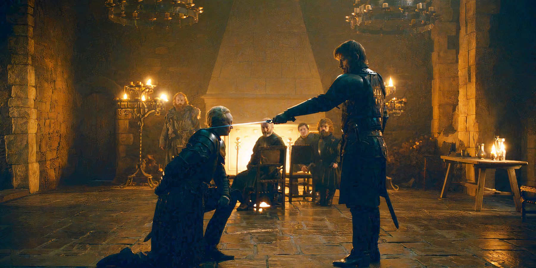 Jaime Lannister (Nikolaj Coster-Waldau) knighting Brienne of Tarth (Gwendoline Christie) in Game of Thrones, A Knight of the Seven Kingdoms.&quot;