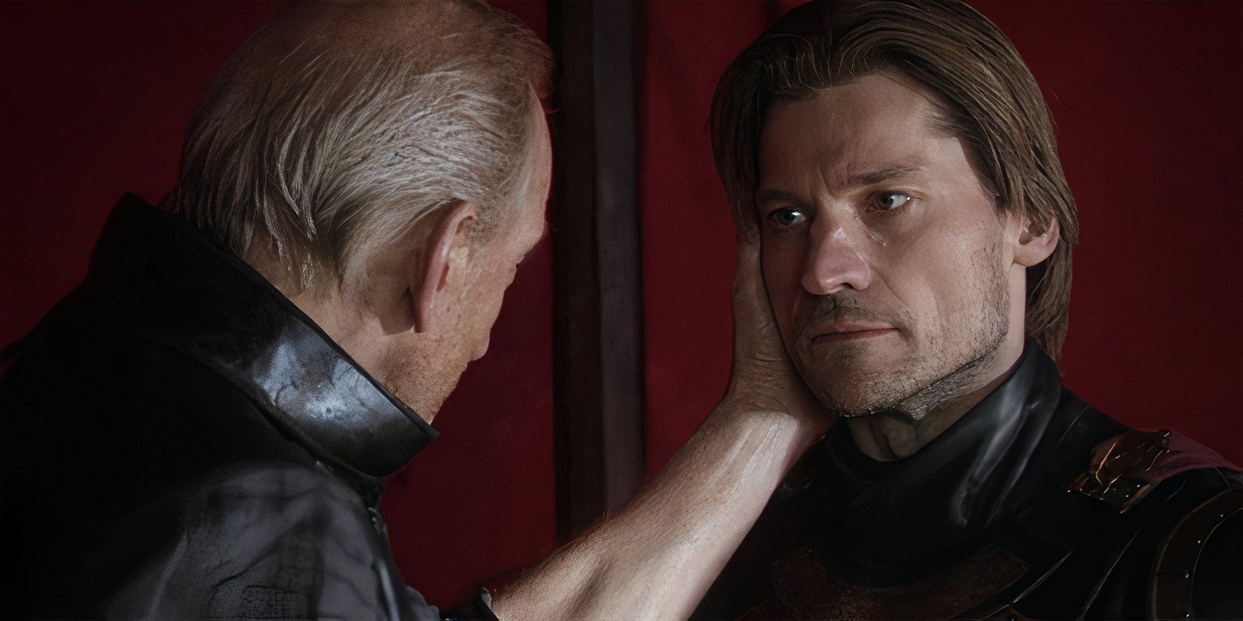 Game of Thrones' Tywin grips his son, Jamie Lannister&rsquo;s face while speaking in Season 1 Episode 7.