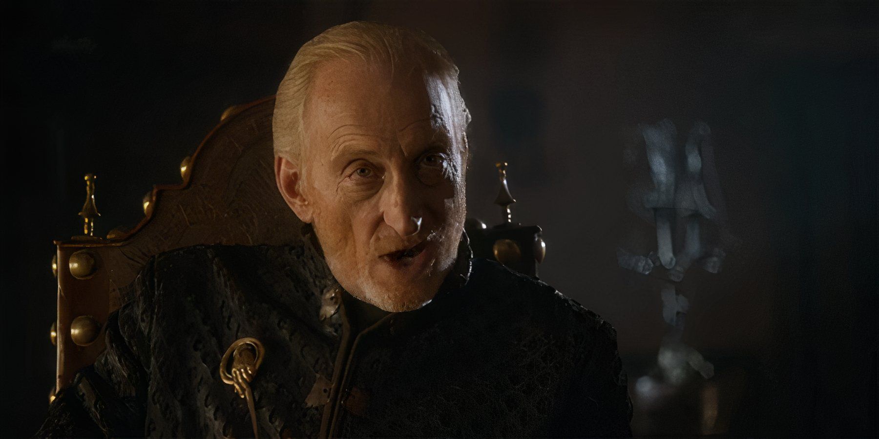 Game of Thrones Tywin Lannister speaks to Tyrion Lannister at the council meeting in Season 3 Episode 10.