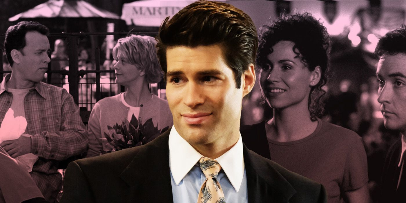 Asher Grodman as Trevor from Ghosts over stills from You&rsquo;ve Got Mail and Grosse Pointe Blank
