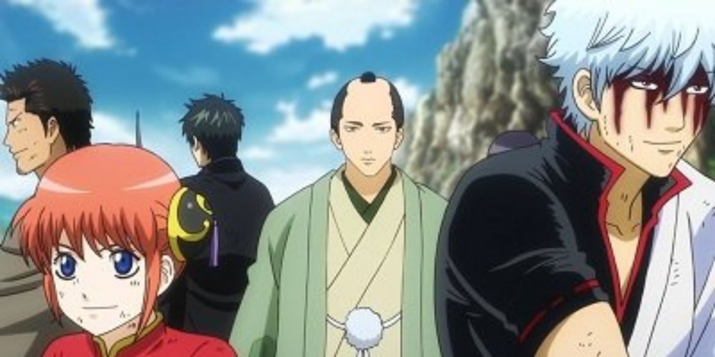 Gintoki and Kagura protecting the Shogun in Gintama