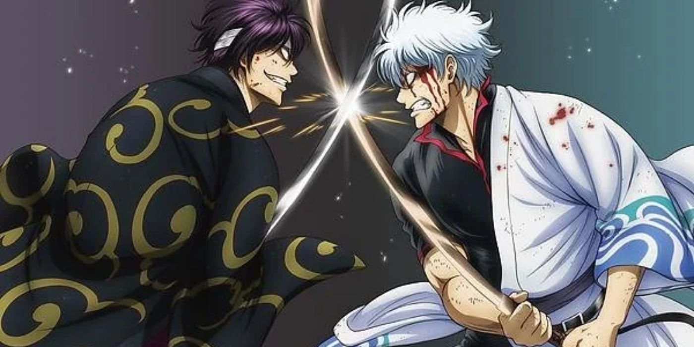 Gintoki and Takasugi clashing swords in Gintama