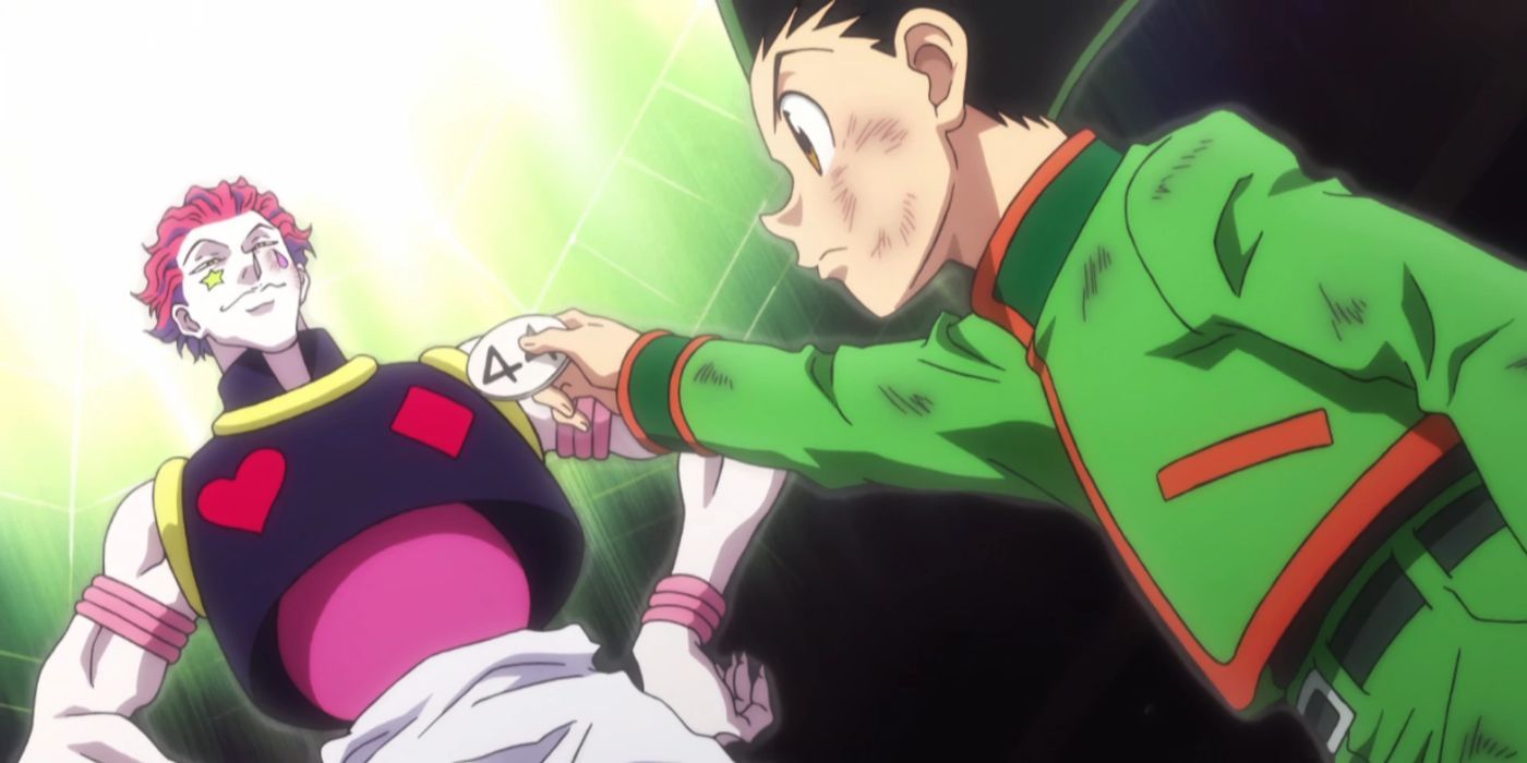 Gon entregando Hisoka um emblema em Hunter x Hunter
