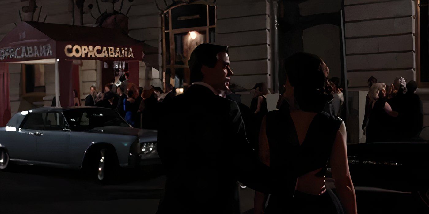 Henry Hill (Ray Liotta) crosses the street with his girlfriend Karen (Lorraine Bracco) to enter the Copacabana in GoodFellas (1990) dir. Martin Scorsese.