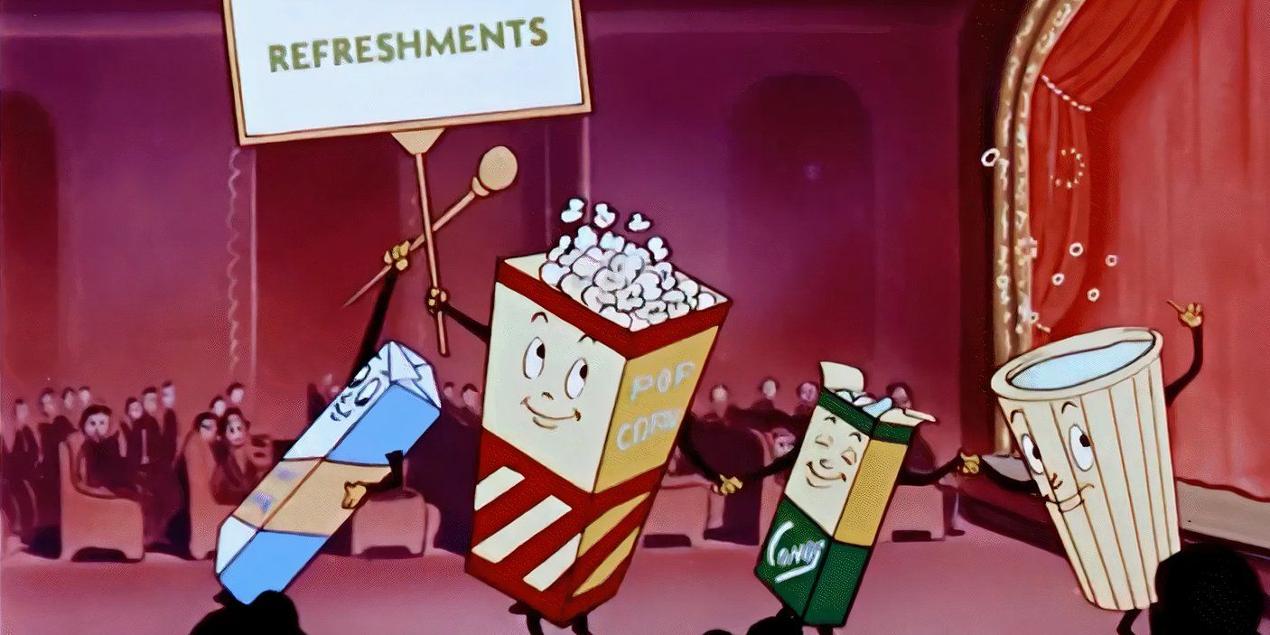 Animated dancing popcorn, soda and candy.
