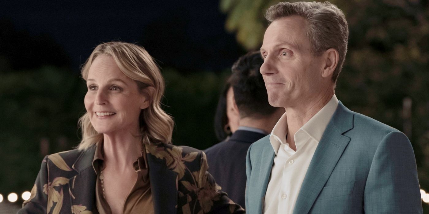 Helen Hunt&rsquo;s Winnie smiling with Tony Goldwyn&rsquo;s Bob in Hacks Season 4, Episode 1.