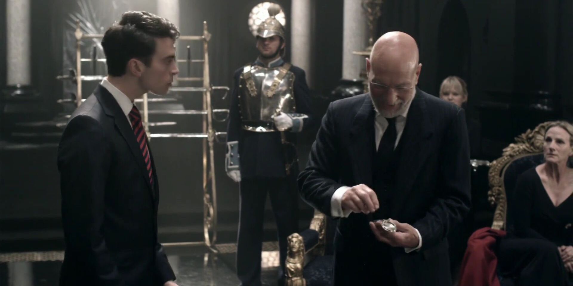 Patrick Stewart as Claudius looking at a gemstone in his hand in &lsquo;Hamlet&rsquo; (2009).