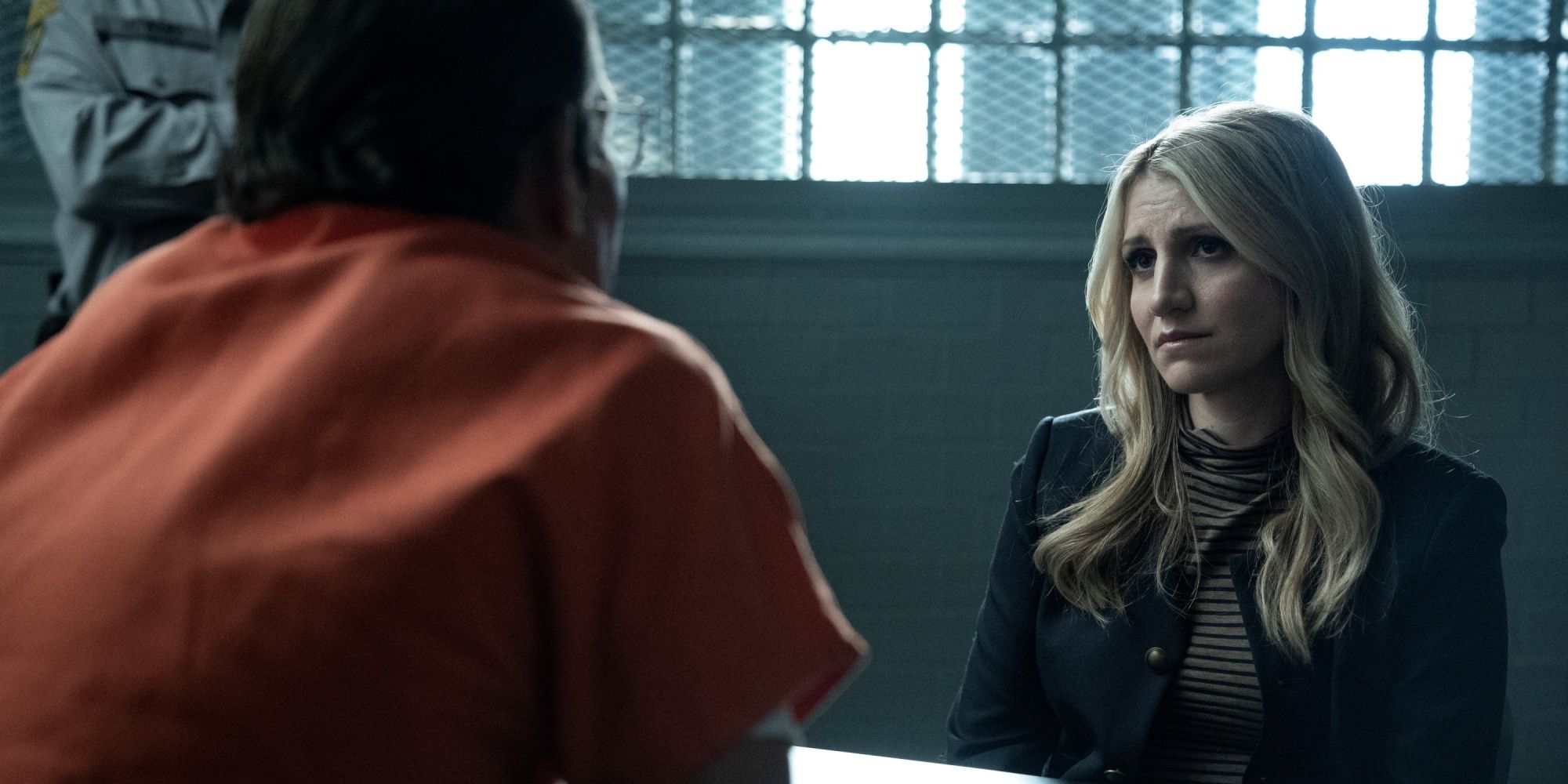 Annaleigh Ashford as Melissa Reed in prison at a table with Dennis Quaid as Keith Jesperson in Happy Face