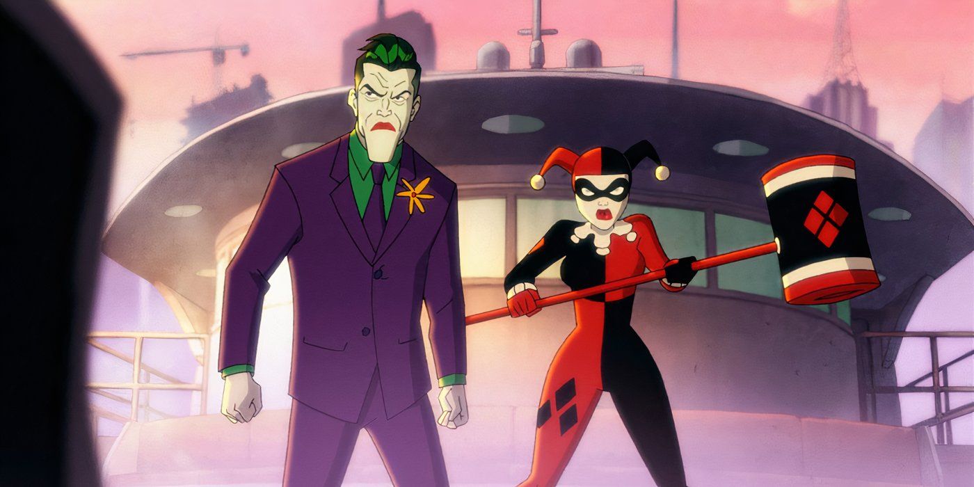 Harley Quinn holds her mallet as the Joker stands beside with his fists clenched angrily in Harley Quinn.