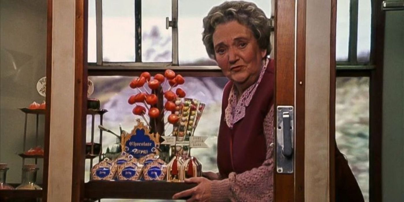 Jean Southern as the Trolley Witch in pushing a tray of treats in the Harry Potter film series.