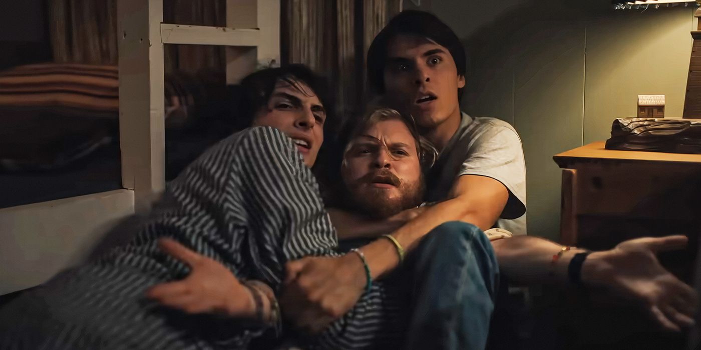 Finn Wolfhard, Fred Hechinger and Billy Bryk cowering together in a corner in Hell of a Summer
