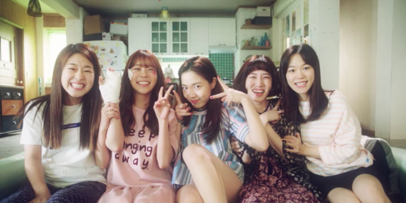 The cast of five women posing and smiling in casual clothes for the K-drama Hello, My Twenties!