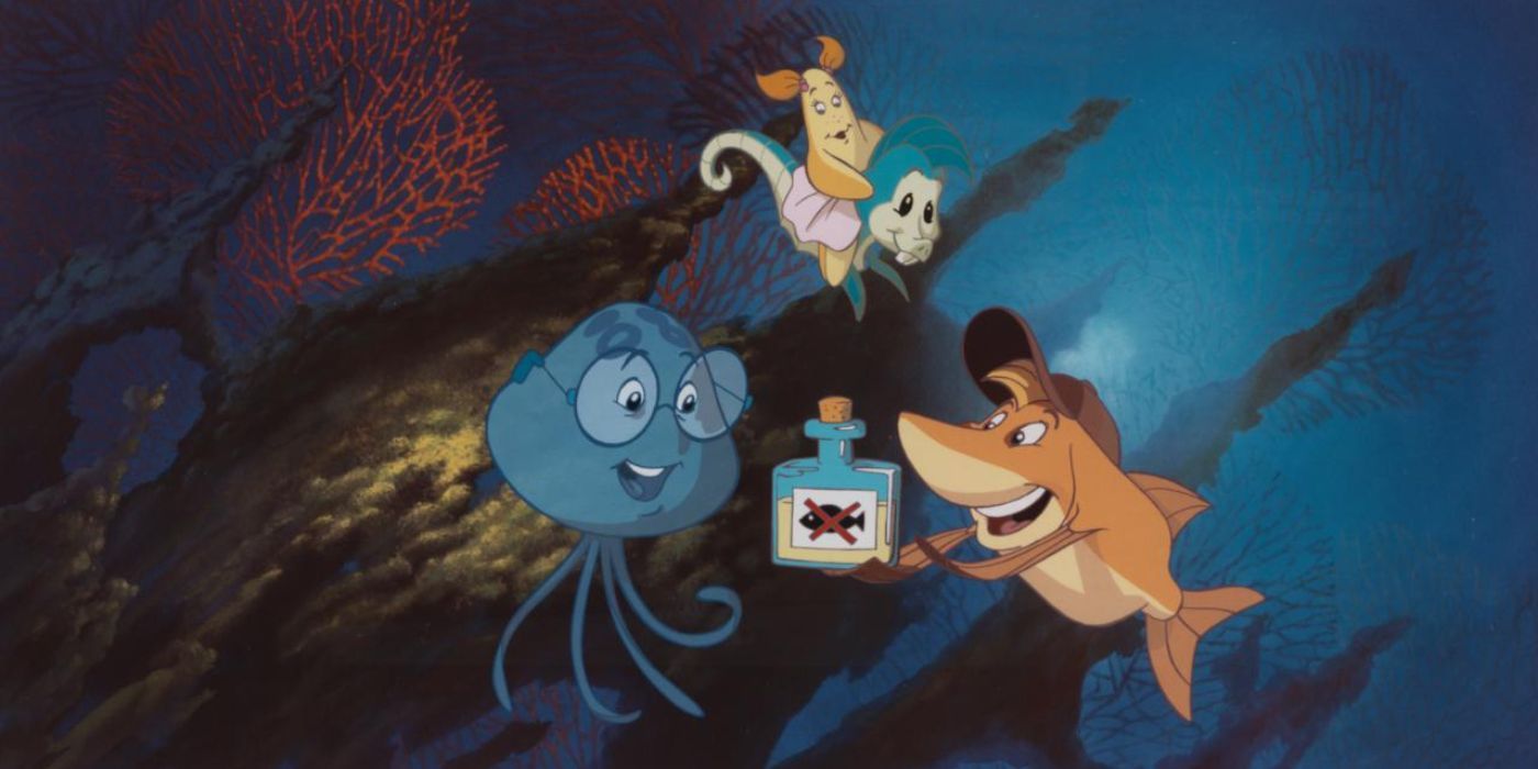 Fly, Chuck, Stella, and Sasha all look at a bottle of anti-fish potion