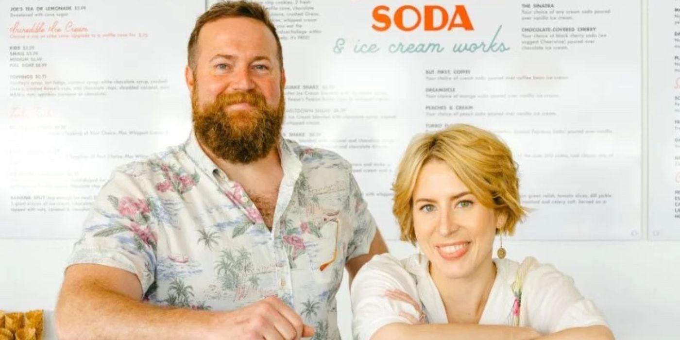 Ben and Erin Napier stand at the counter of Sebring Soda on &lsquo;Home Town Takeover.'