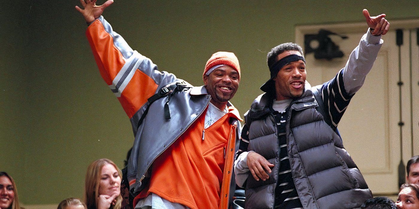 Method Man and Redman stand together in jubilant embrace in a scene from the film How High.