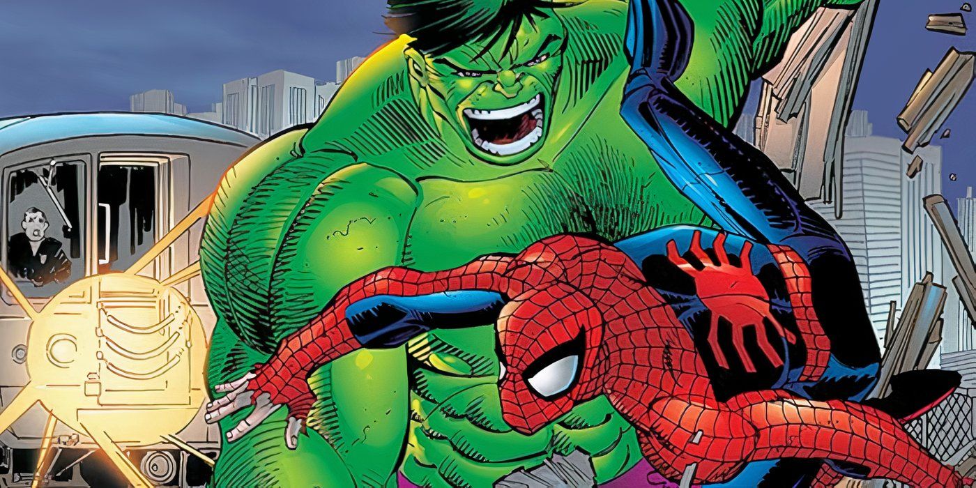 Hulk attacking Spider-Man in front of a train in Marvel Comics