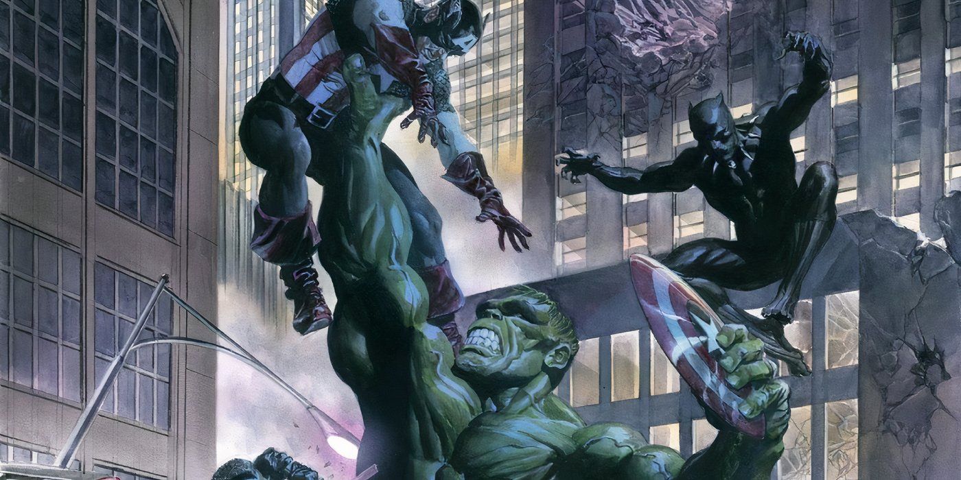 Hulk grabbing Captain America and his shield with Black Panther attacking in Marvel Comics