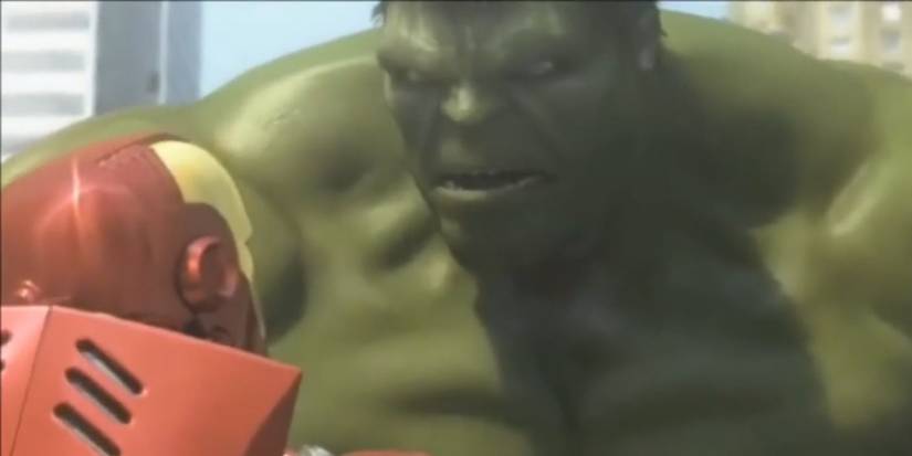 Hulk holding and looking at Iron Man in Iron Man Advertorials.