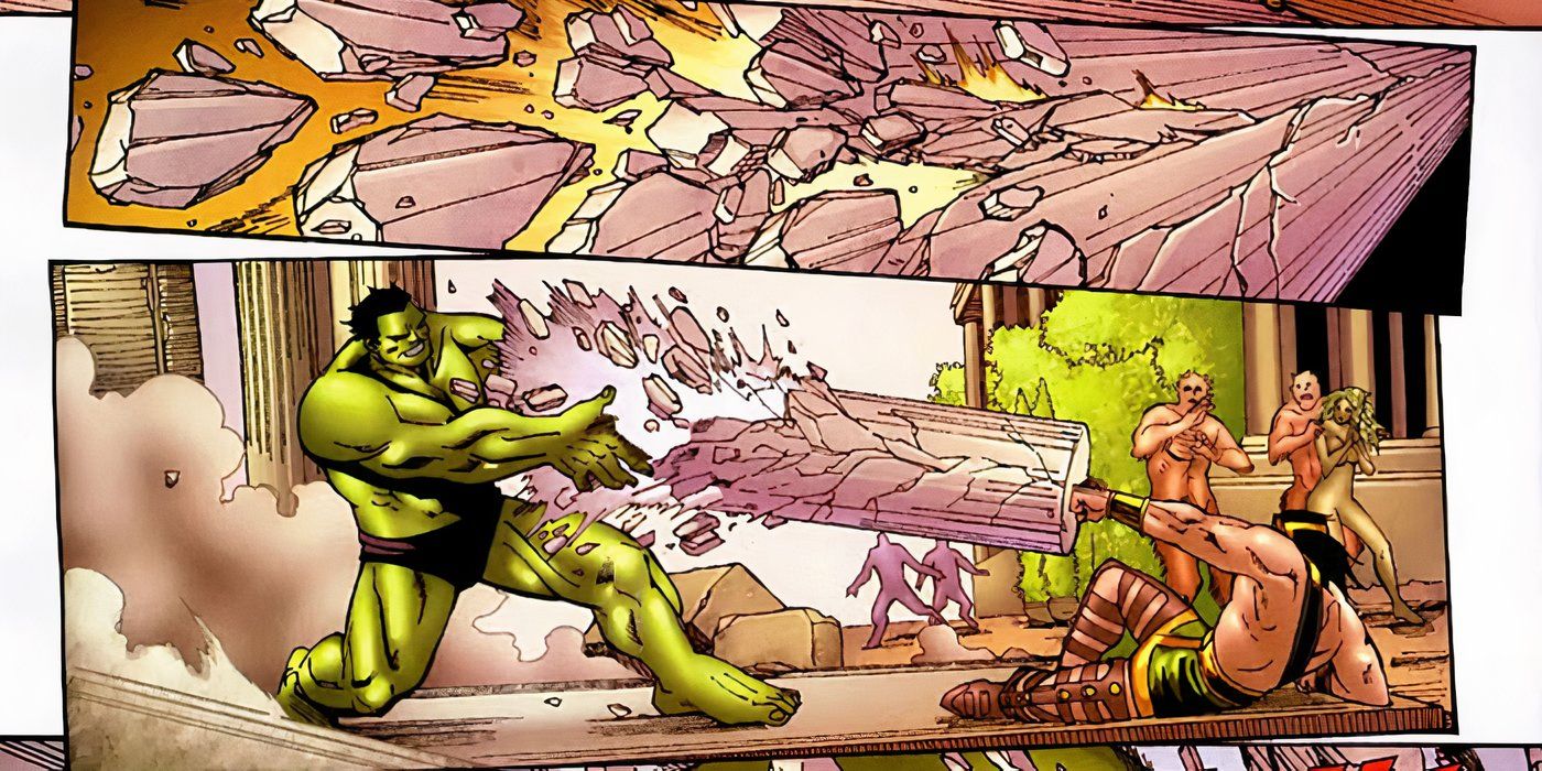 Hulk smashing a pillar on Hercules in Marvel Comics