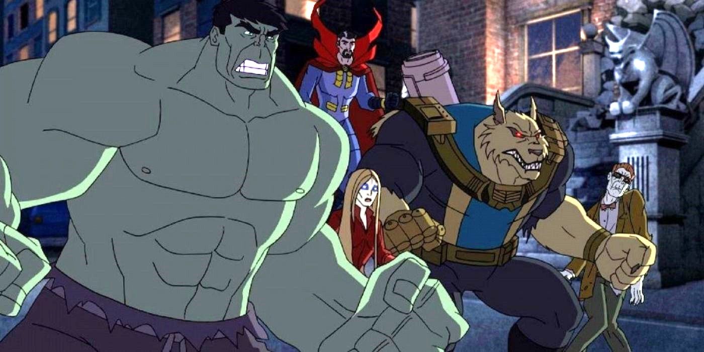 The Hulk stands with monster-like characters on a street in the animated film Hulk: Where Monsters Dwell.