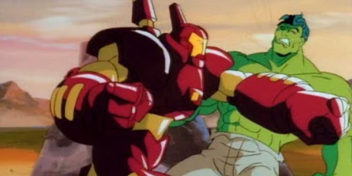 Hulkbuster Iron Man punching the Hulk in Iron Man: The Animated Series.