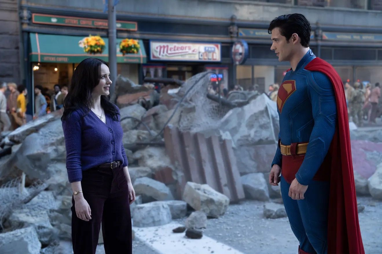 David Corenswet and Rachel Brosnahan staring at each other in Superman