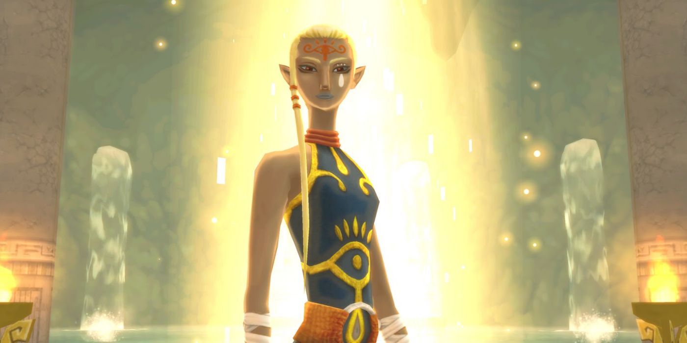 Impa standing in front of a beam of light in The Legend of Zelda: Skyward Sword