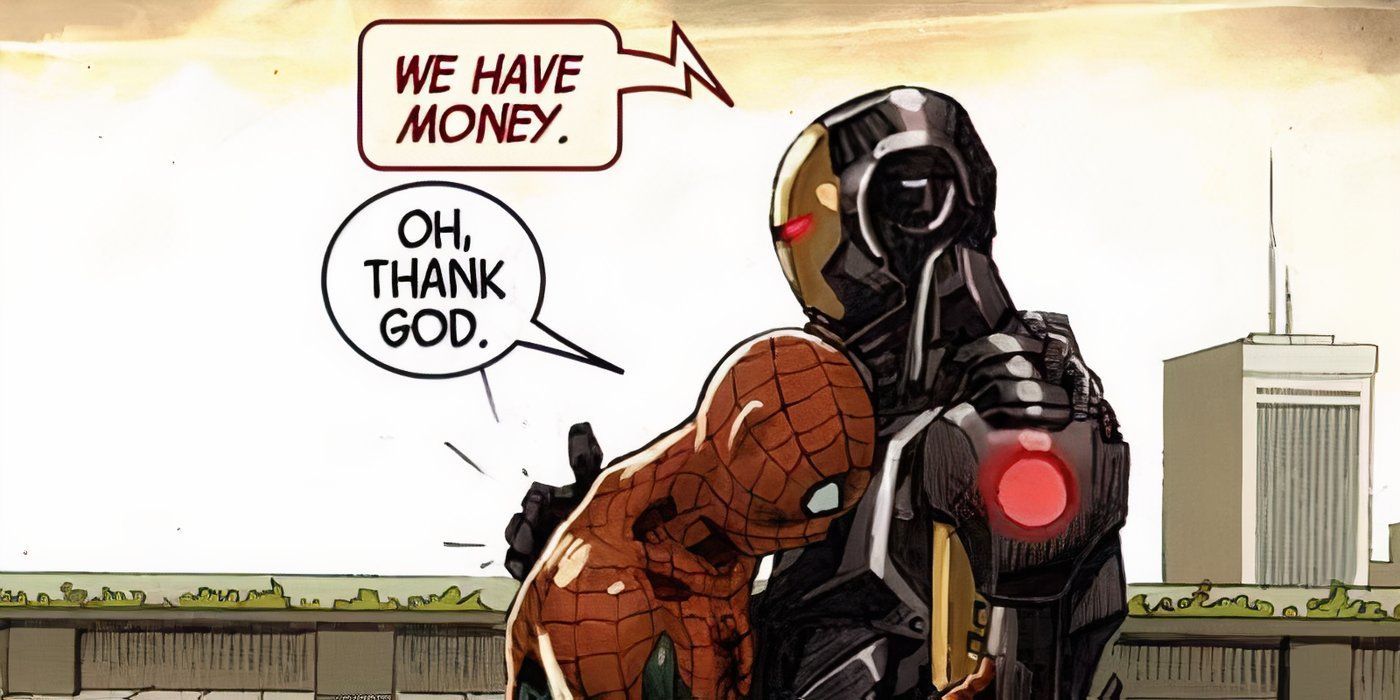 Iron Man hugging Spider-Man talking about money in Marvel Comics