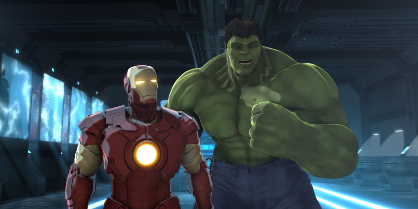 Iron Man and Hulk talking in a lab in Iron Man &amp; Hulk: Heroes United.