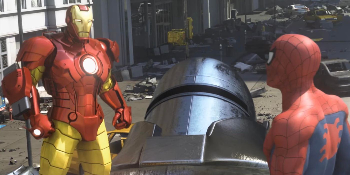 Iron Man talking to Spider-Man on top of a giant robot in Iron Man Advertorials.
