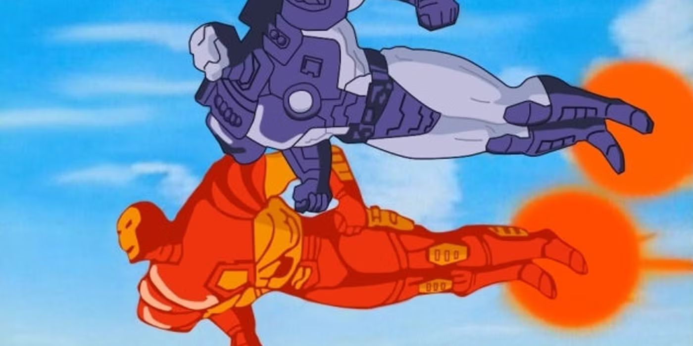 Iron Man and War Machine flying together in Iron Man: The Animated Series.