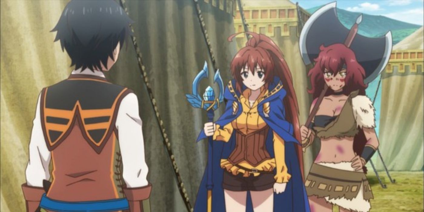 A character talks to two women who are wearing armor in Isekai Cheat Magician.