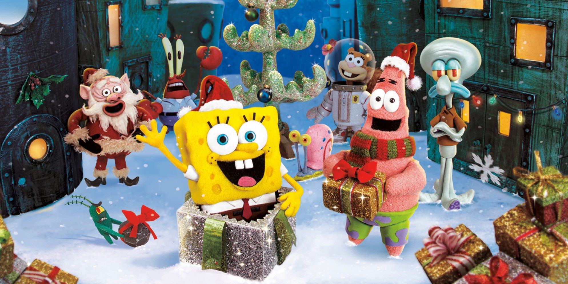 The characters are made of clay and wave amid Christmas decorations in It&rsquo;s a SpongeBob Christmas.