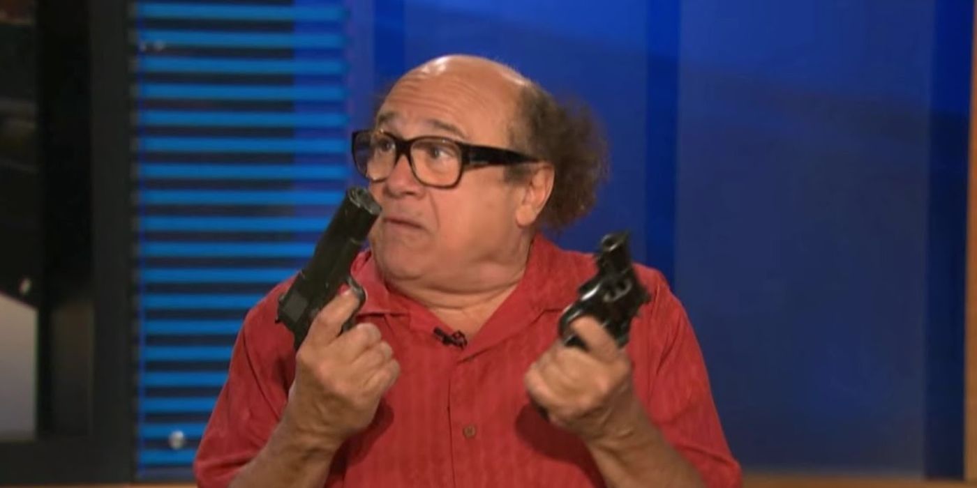 Danny DeVito as Frank shows off his guns on live television in It&rsquo;s Always Sunny in Philadelphia.